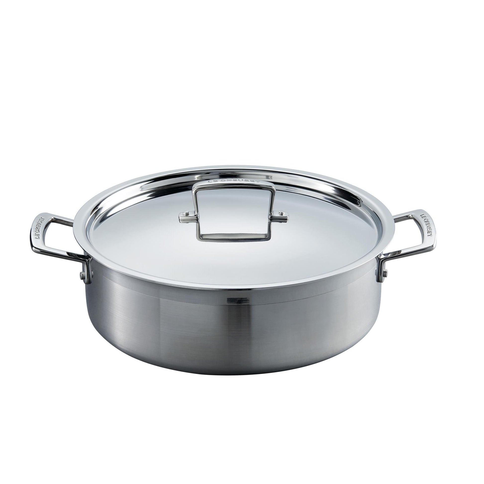 The stainless steel sauteause pan with a handled lid and two handles on the side