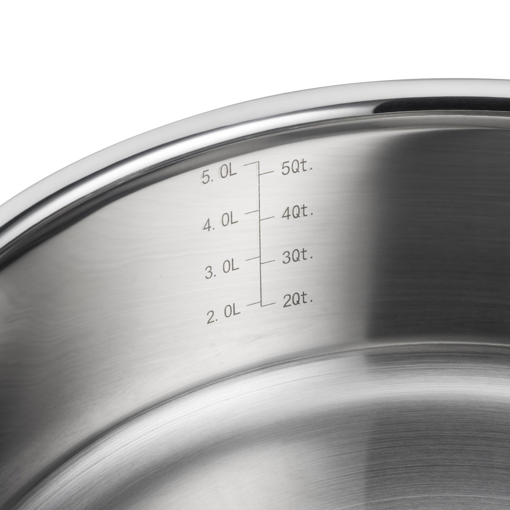 The capacity markers etched into the inside of the pan in L and Qt