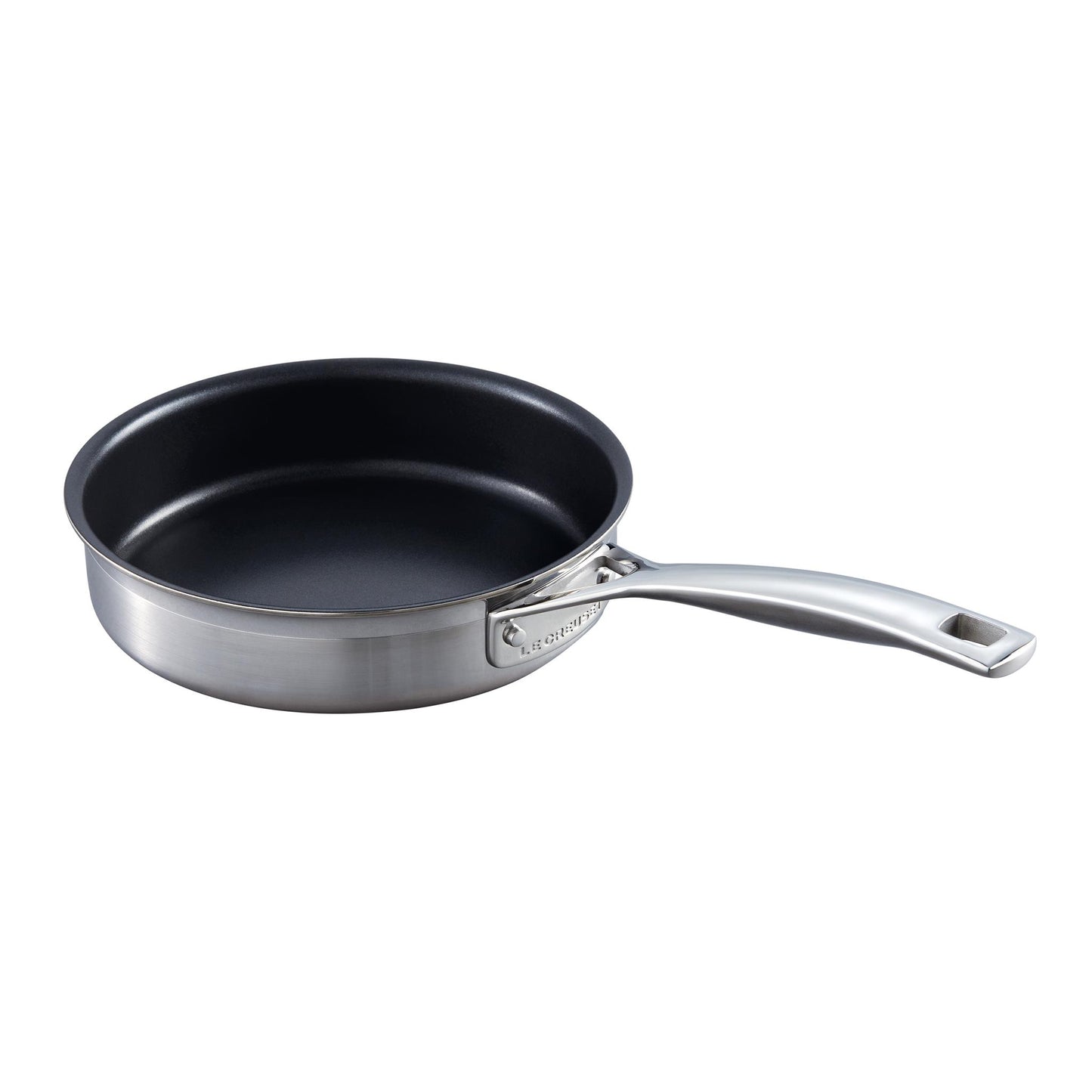 The Le Creuset saute pan with stainless steel exterior and handle and black non stick lining
