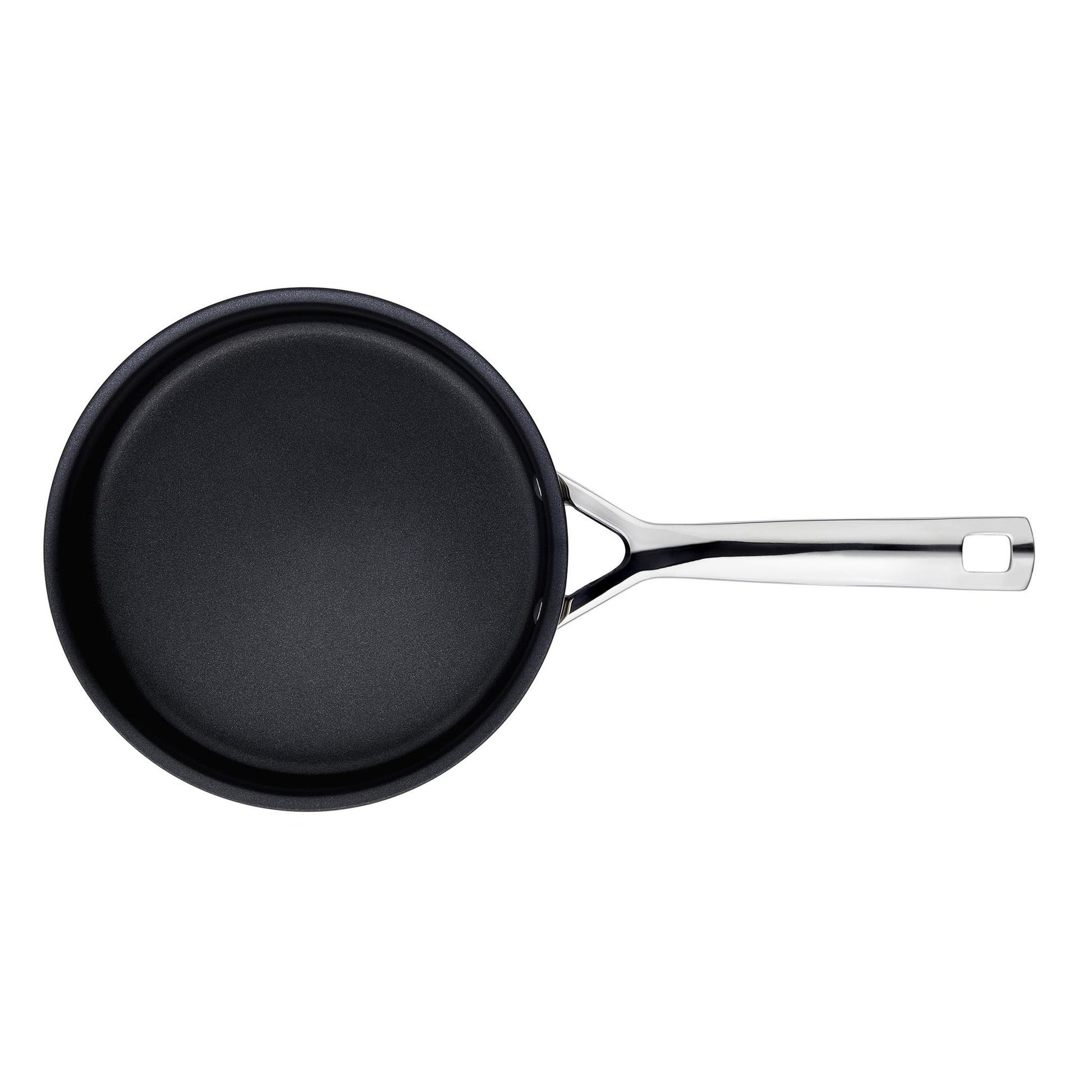 The Le Creuset saute pan with stainless steel exterior and handle and black non stick lining shown from above