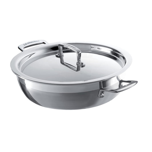 The cassarole pan with a handled lid and two handles on the sides