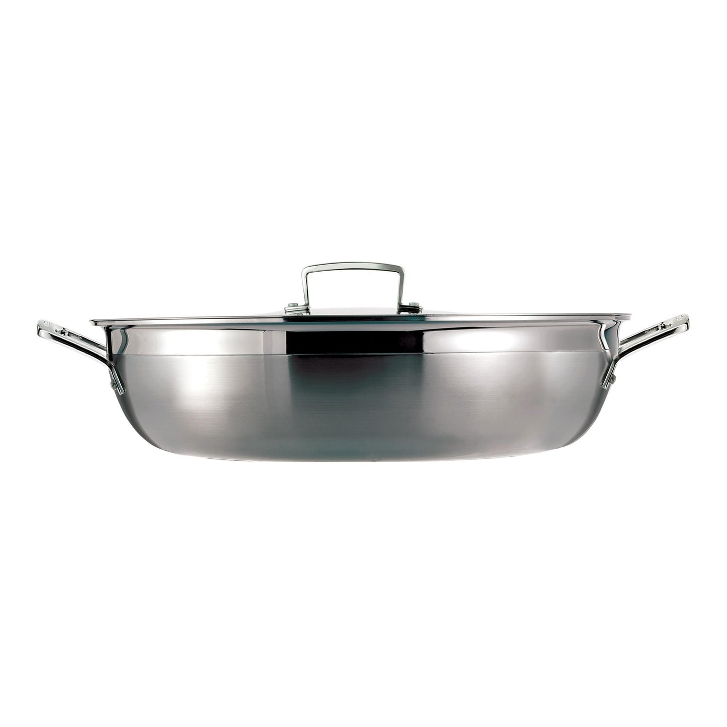 A side view of the stainless steel casserole pan