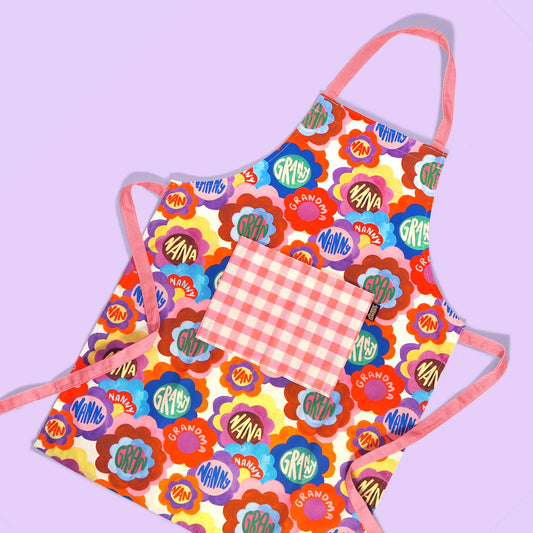 multicolour granny apron with floral illustration 
