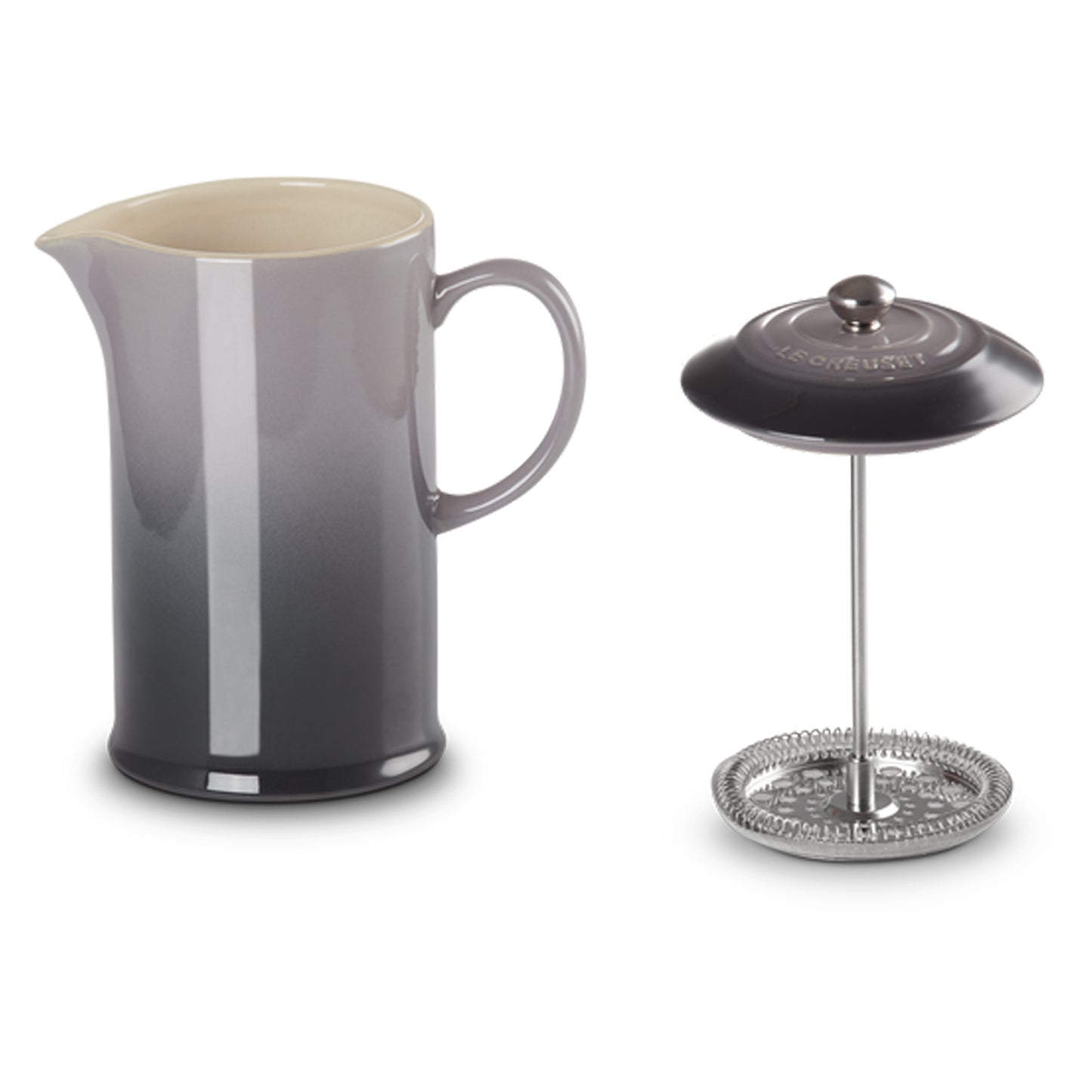 grey and black french press from Le Creuset with plunger and lid