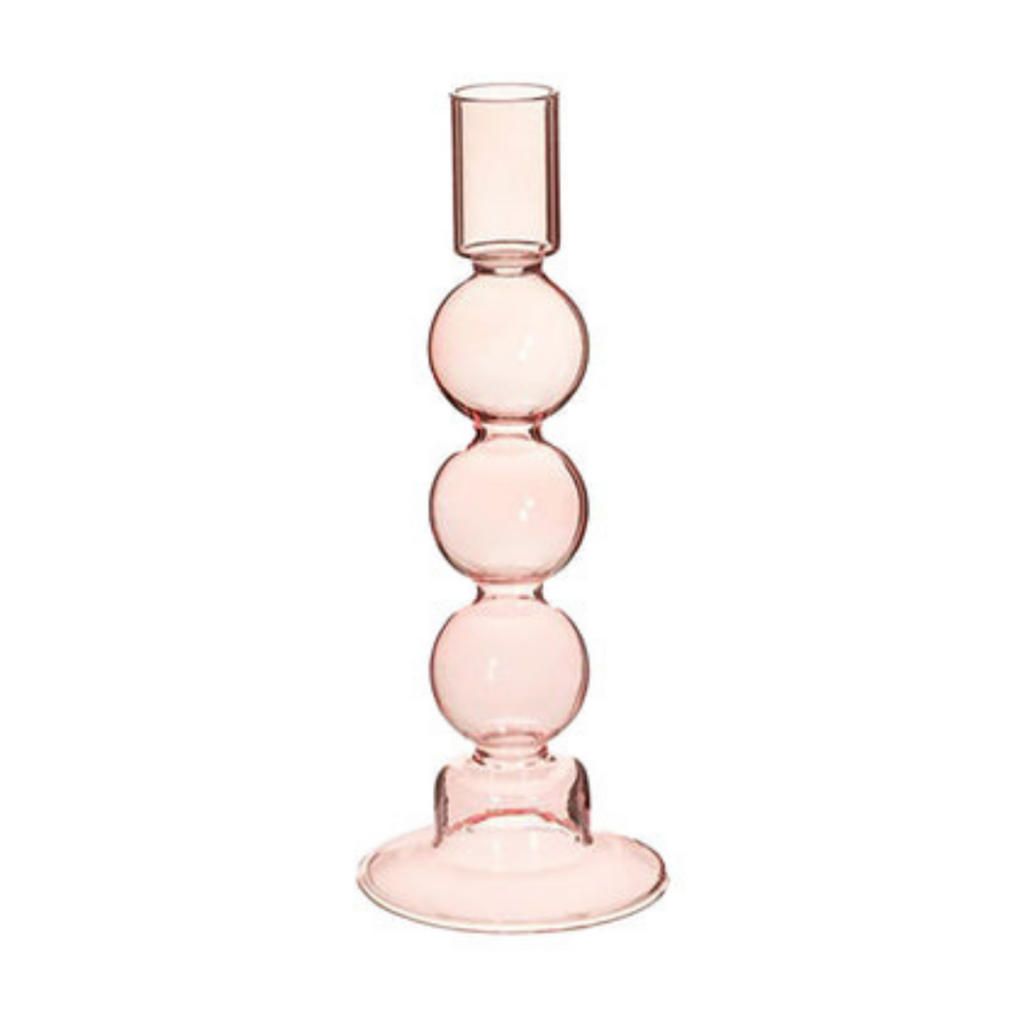 a pink candle holder with three spheres along the length of it