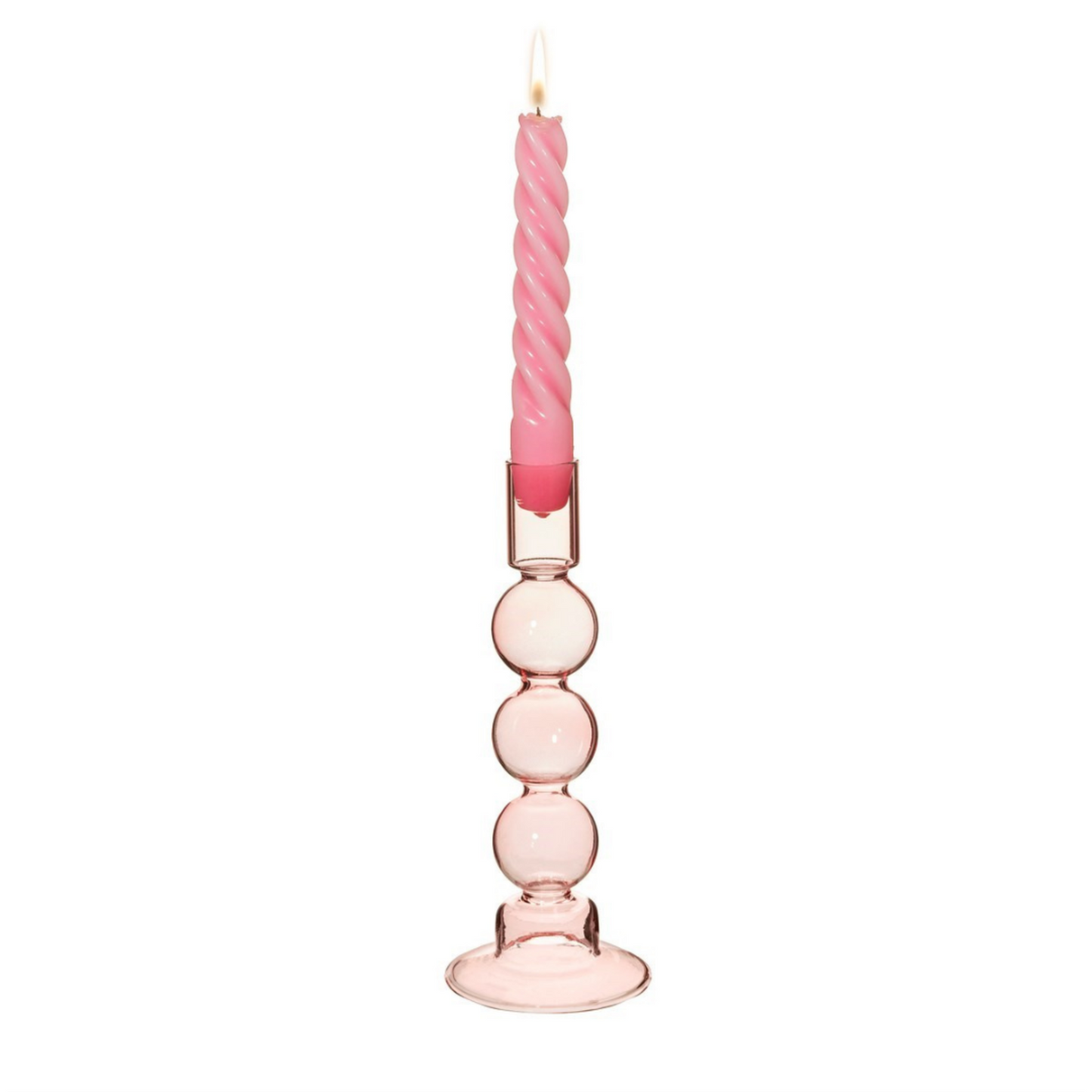 the candle holder housing a twisted pink candle