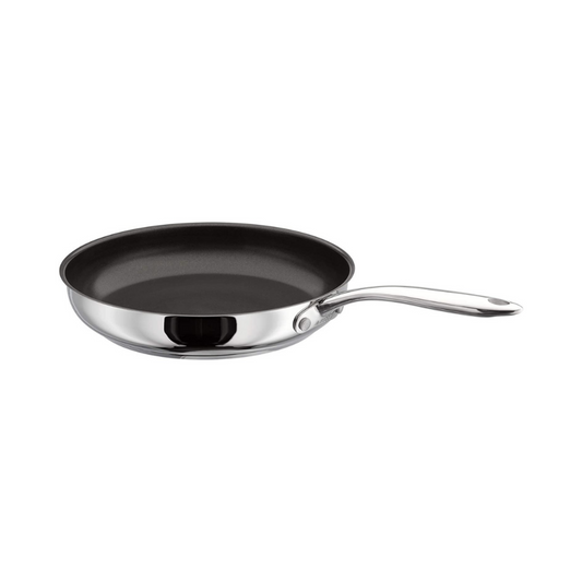 a stainless steel bodies frying pan with a black non stick coating on the interior 
