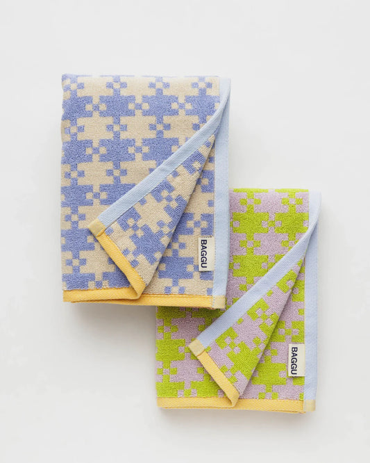 set of 2 pastel pixel gingham hand towels made from organic cotton