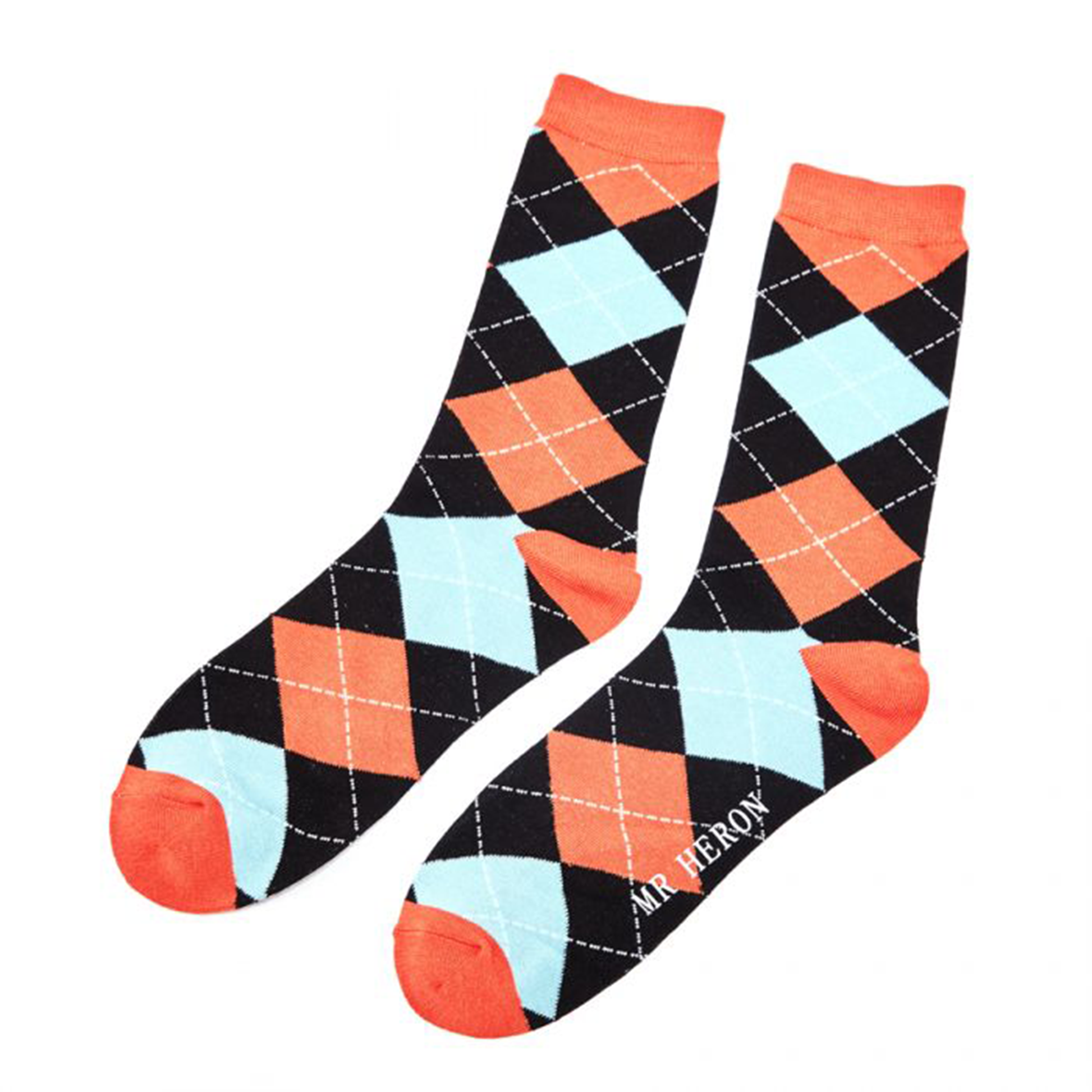 a pair of black, blue and orange argyle patterned socks
