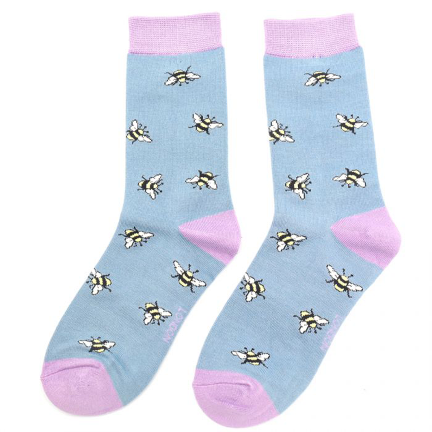 blue and lilac socks with a bumblebee pattern