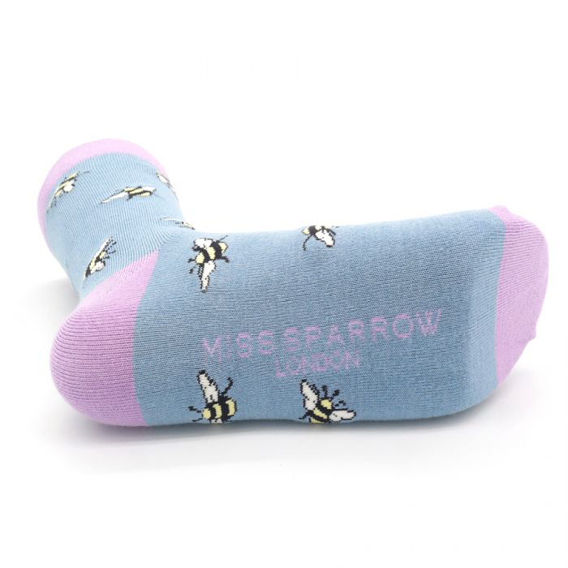 the bottom of the socks featuring the miss sparrow logo