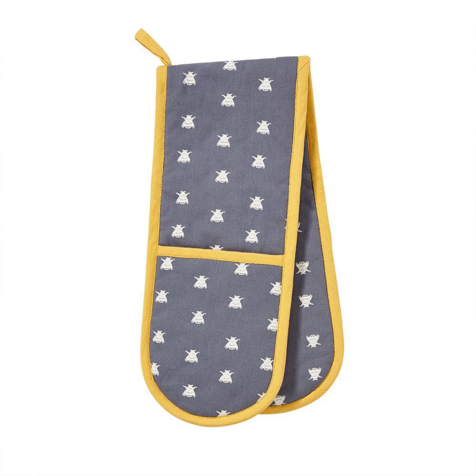 a double oven glove with a blue and white bee pattern and yellow trim