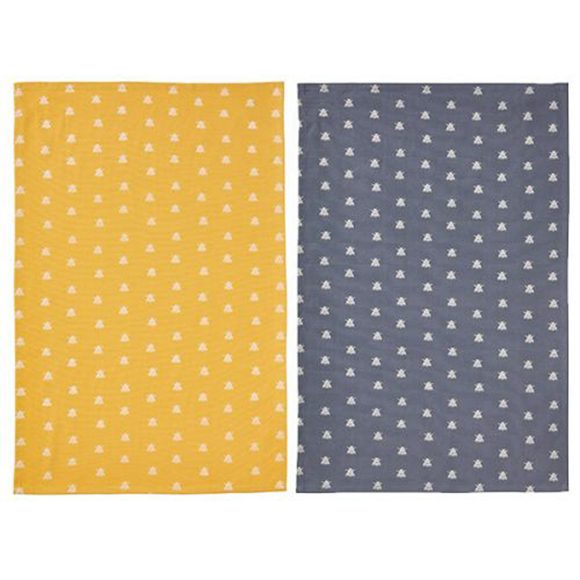 one yellow and one blue tea towel each featuring a white bee pattern