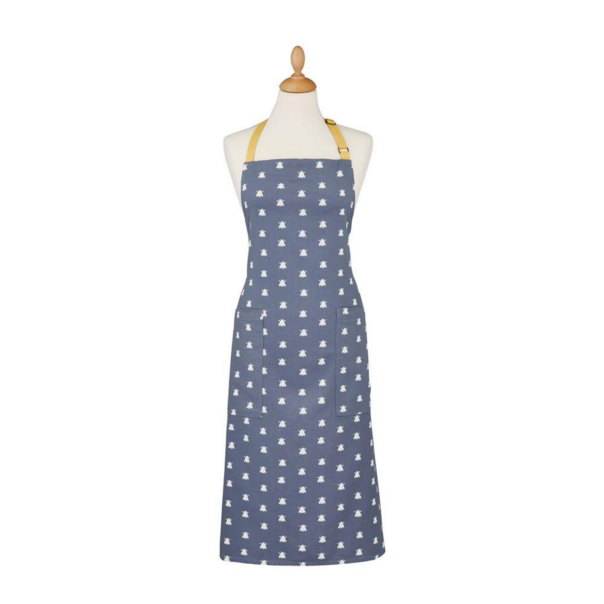 a cotton apron with two front pockets, a blue and white bee pattern and yellow straps