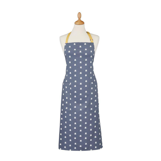 a cotton apron with two front pockets, a blue and white bee pattern and yellow straps