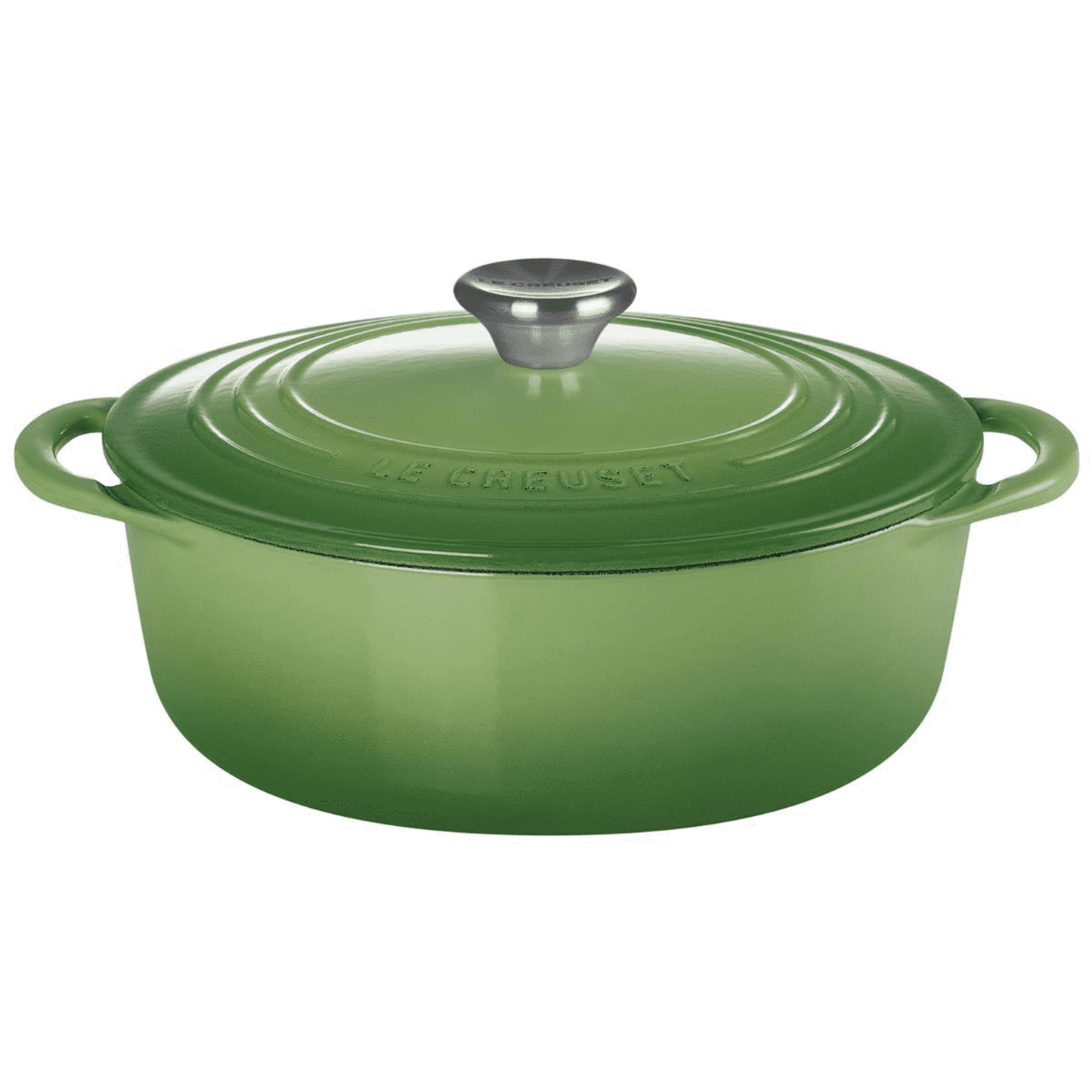 an ombre green casserole dish with matching lid and a stainless steel knob