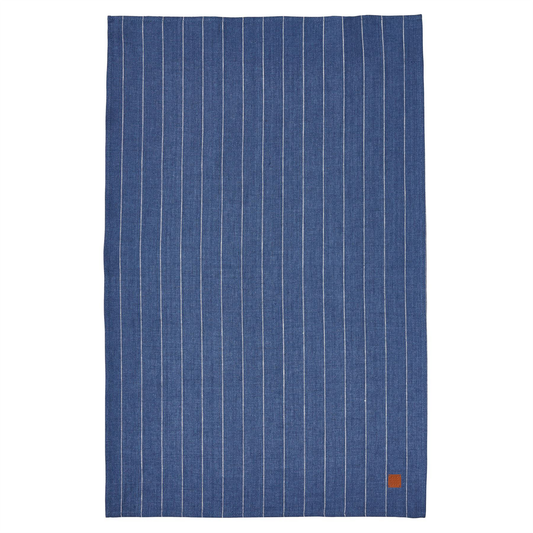 a blue tea towel with thin with stripes