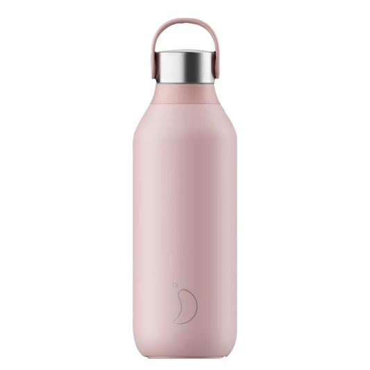 A light pink chilly's bottle with a stainless steel cap and a silicone carry loop