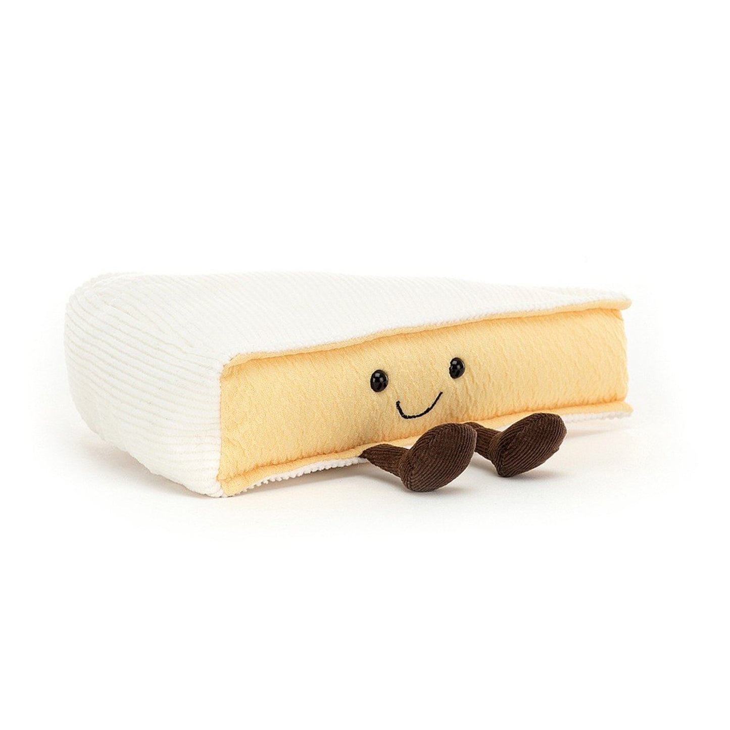 a soft toy shaped like a wedge of brie chees with a smiley face and brown legs