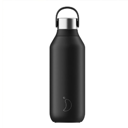 a black chilly's bottle with a stainless steel cap and silicone carry strap