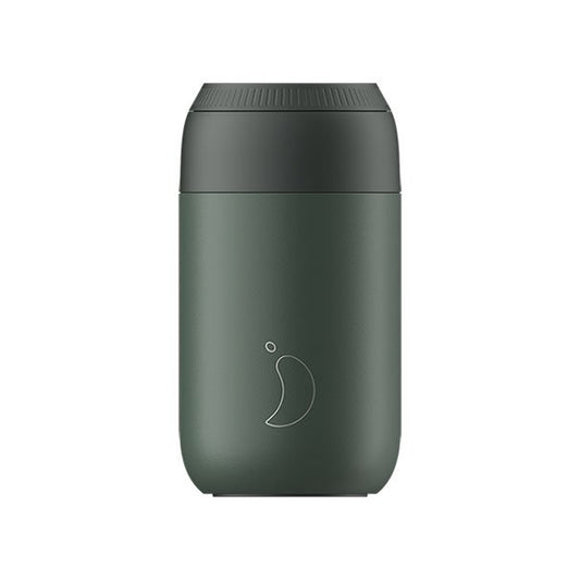 a dark green coffee cup with leak proof rotating lid