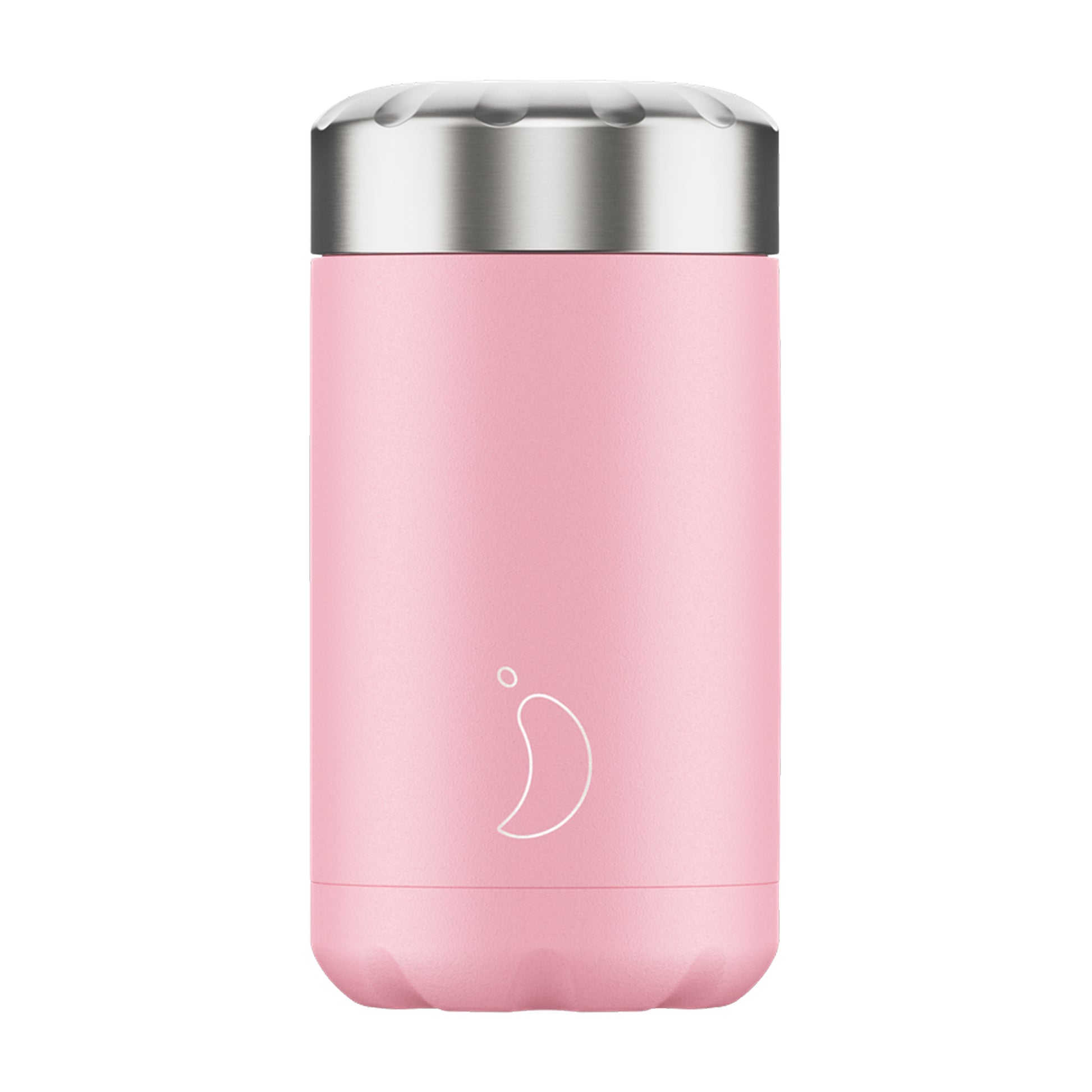 A pastel pink food pot with stainless steel lid and the chilly's logo