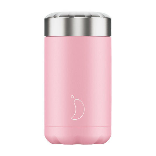A pastel pink food pot with stainless steel lid and the chilly's logo