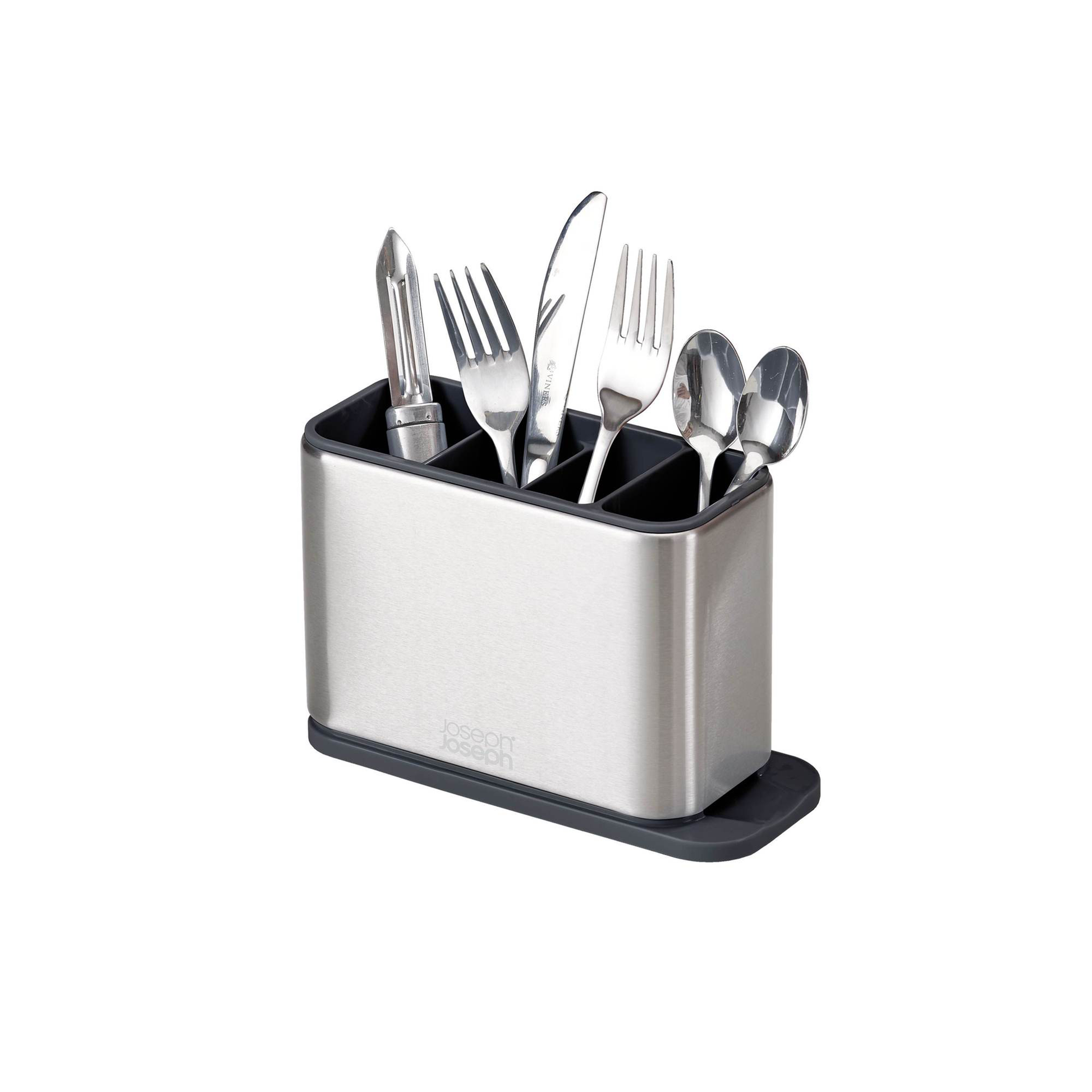 a stainless steel cutlery drainer holding a vegatble peeler, forks, a knife and some tea spoons