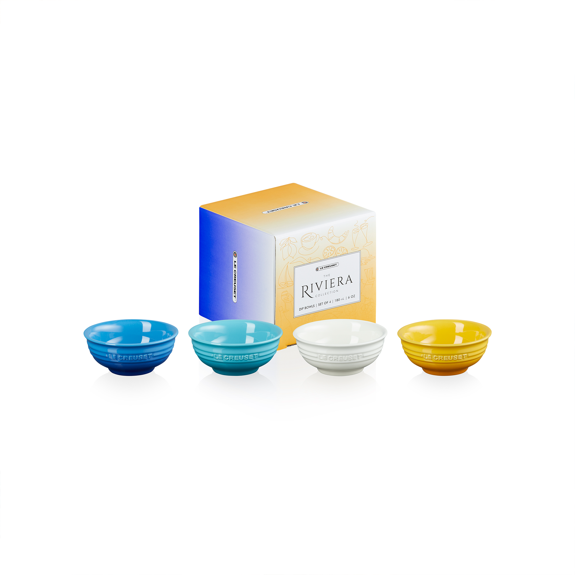 four small dip bowls with a blue and orange gift box