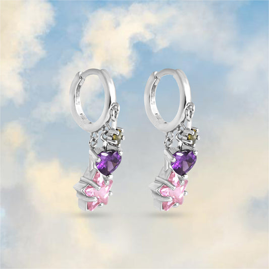 Silver huggie earring with a pink star, purple heart and green circle charm 