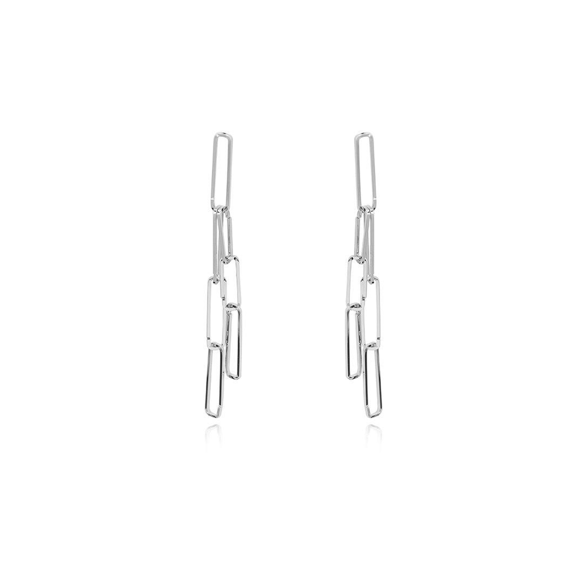 drop link earrings in silver on  a white background