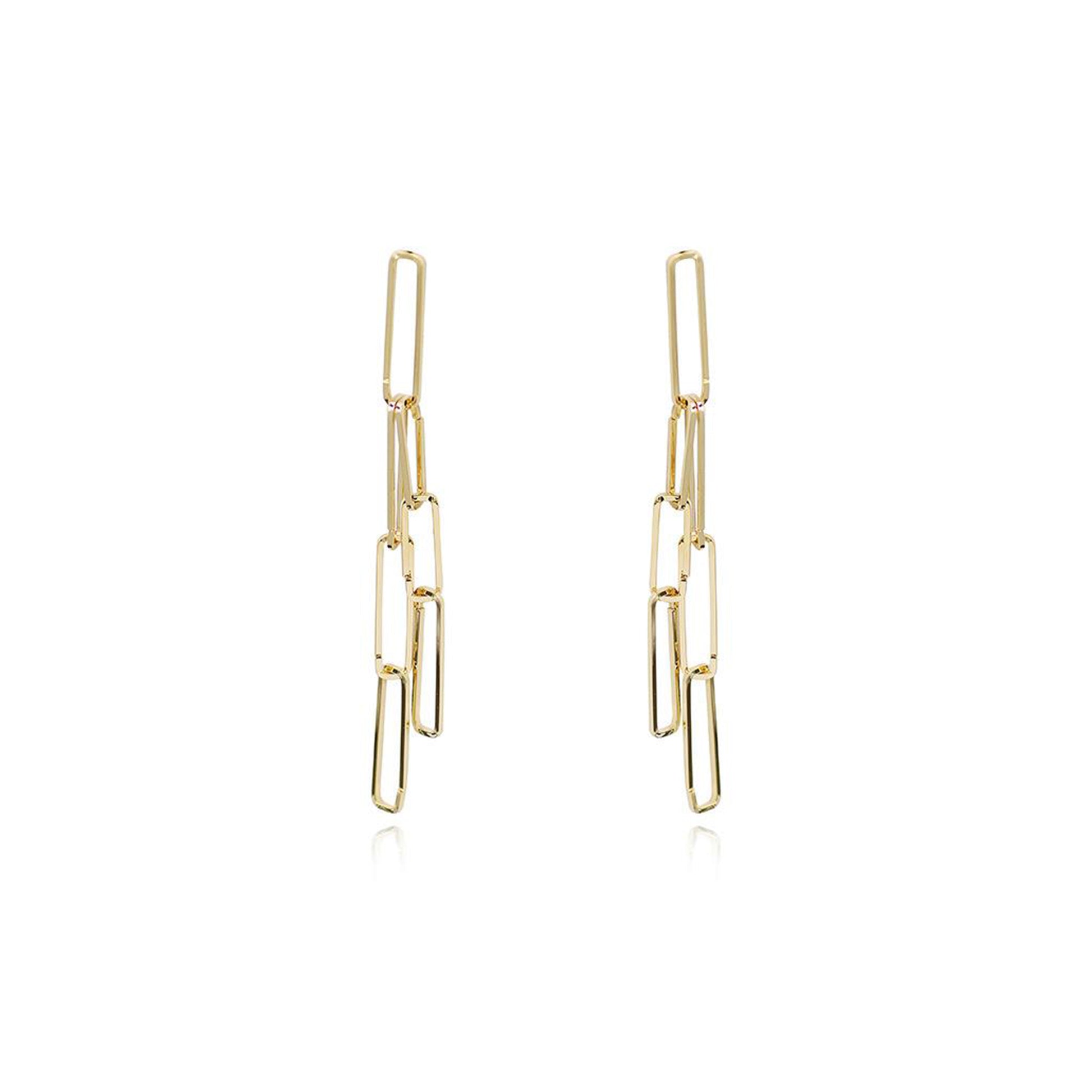 gold drop link earrings on a white background 