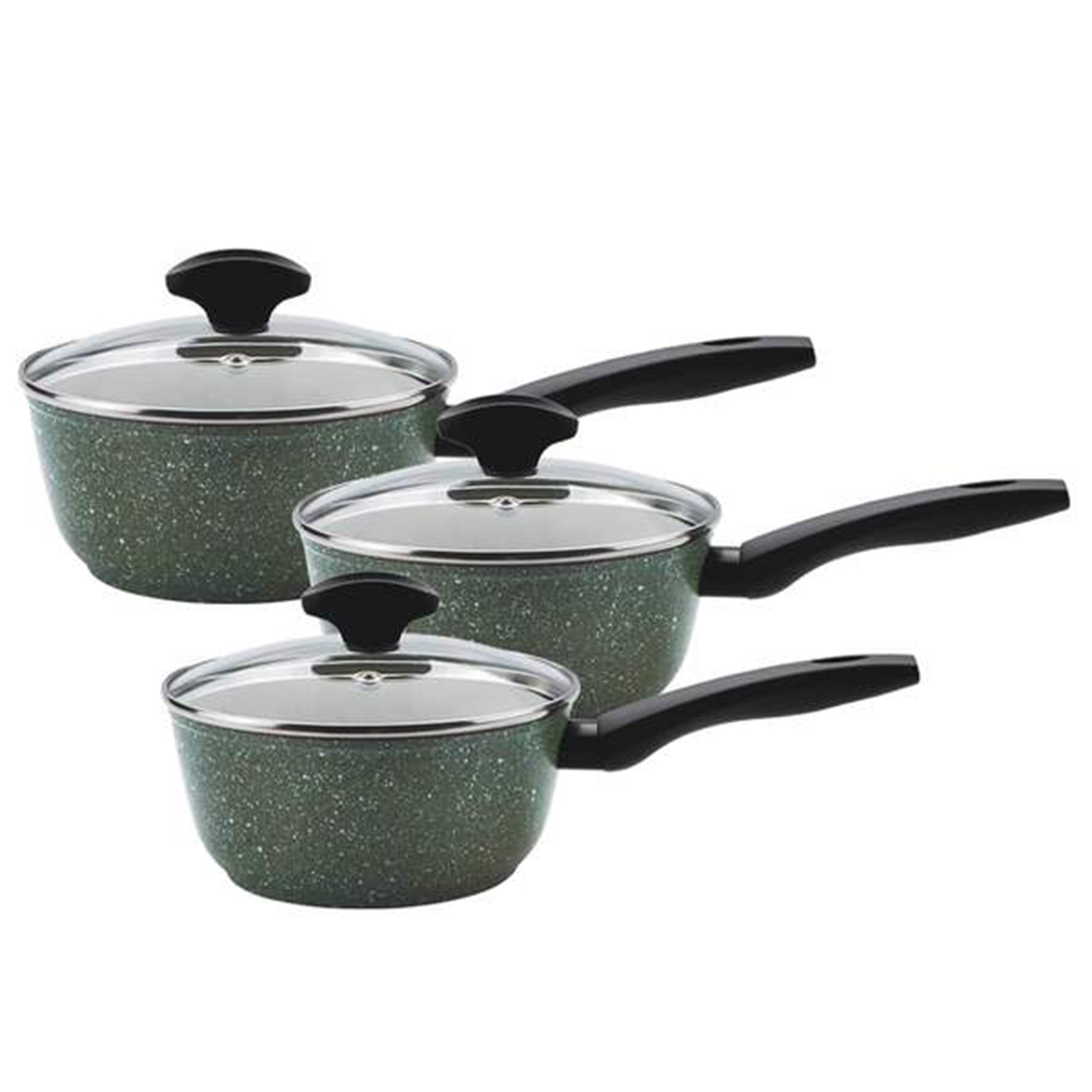 three green pans with glass lids and black handles