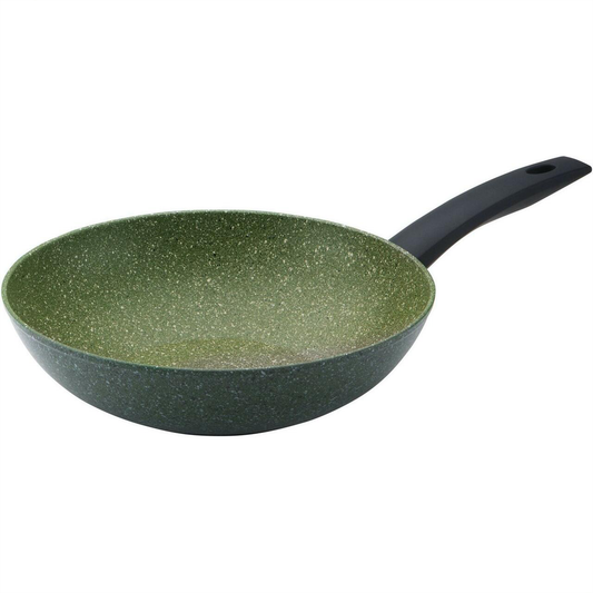 a green speckled wok with a black handle