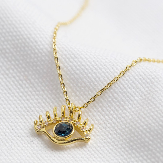 Gold and Blue Crystal Eye Pendant Necklace