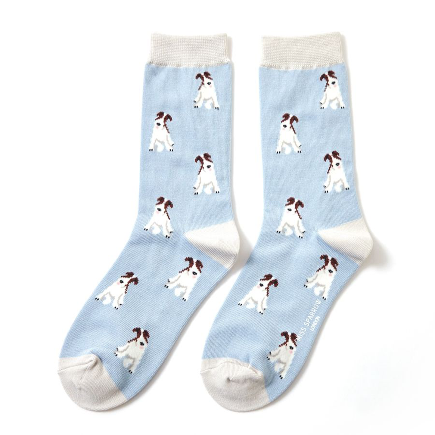 light blue socks with fox terrier dogs on them