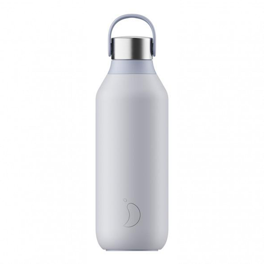 a light blue chilly's bottle with a stainless steel cap and a silicone carry loop
