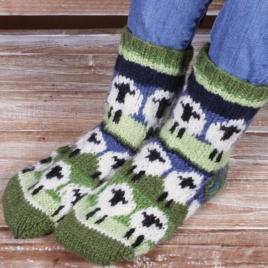 green & navy wool socks with sheep pattern 