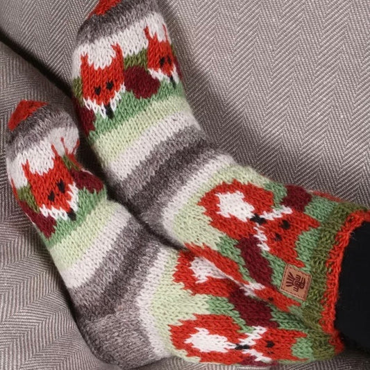 knitted socks with fox pattern from Pachamama 