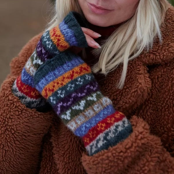 pachamama wool handwarmers with multicolour pattern