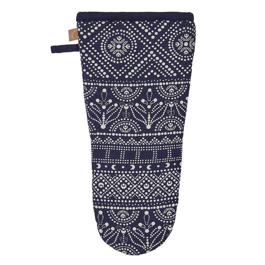a blue oven glove with a white dot work pattern