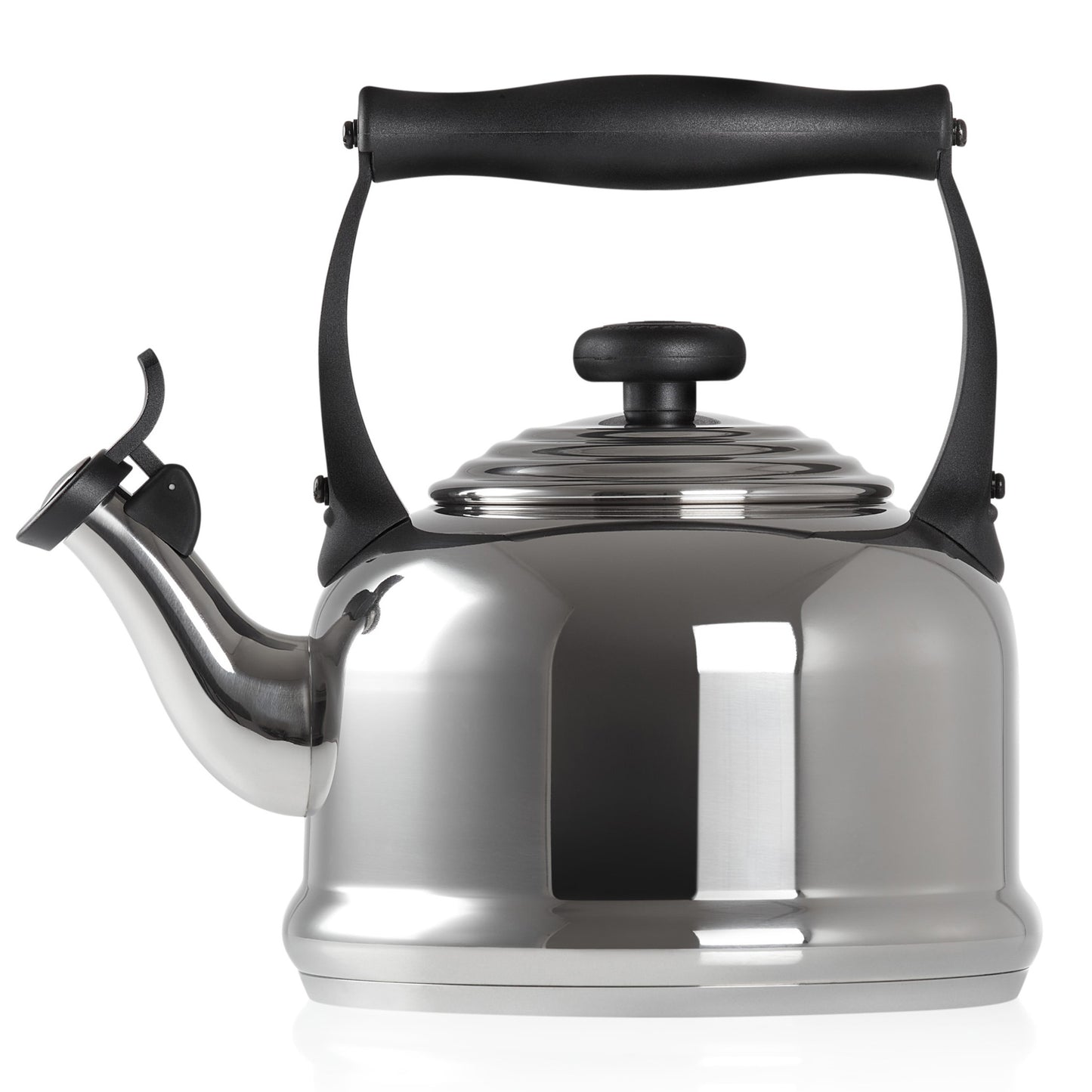 A stainless steel kettle with a black handle