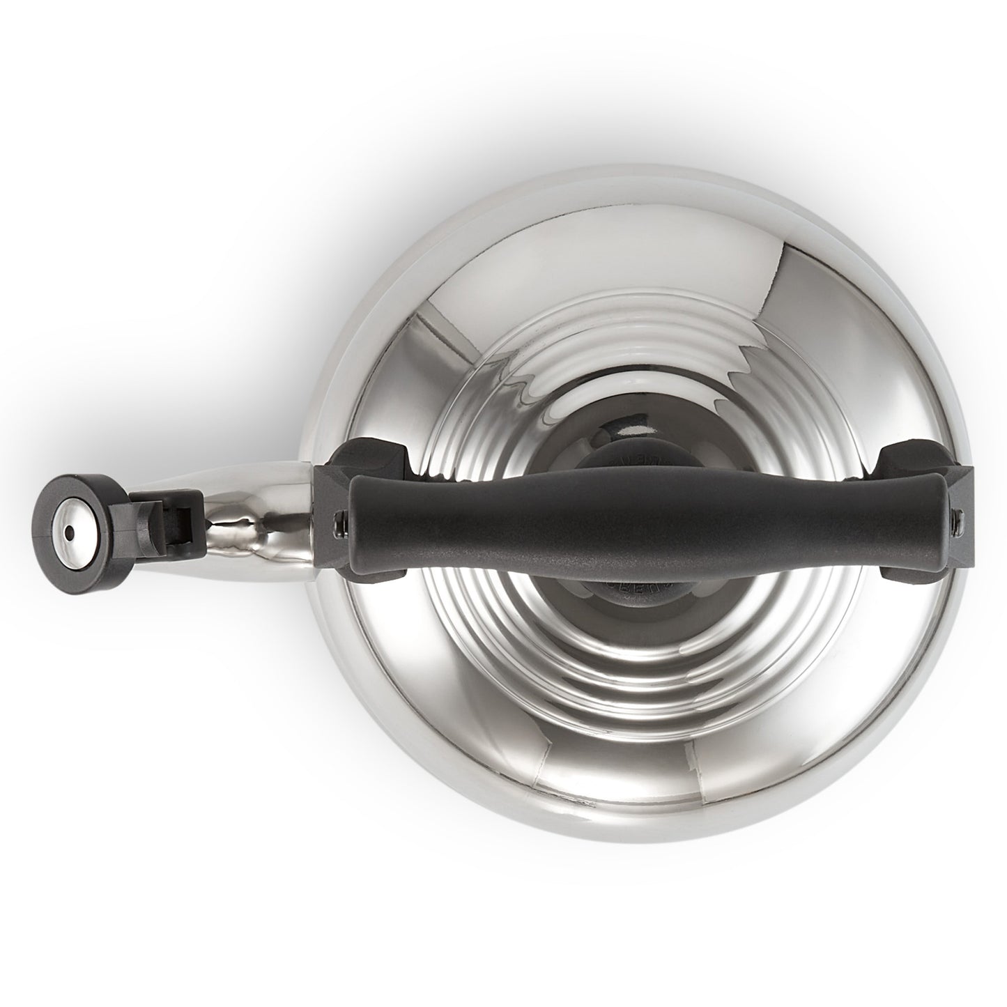 A stainless steel kettle with a black handle, birds eye view
