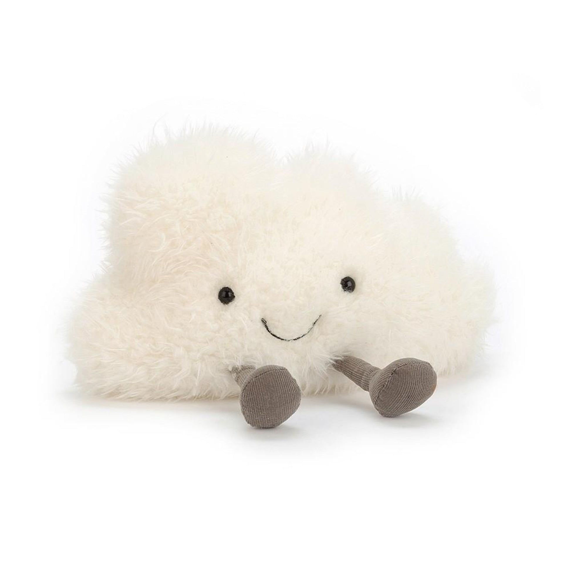 a fluffy cloud plushie with a smiling face and a pair of corduroy legs
