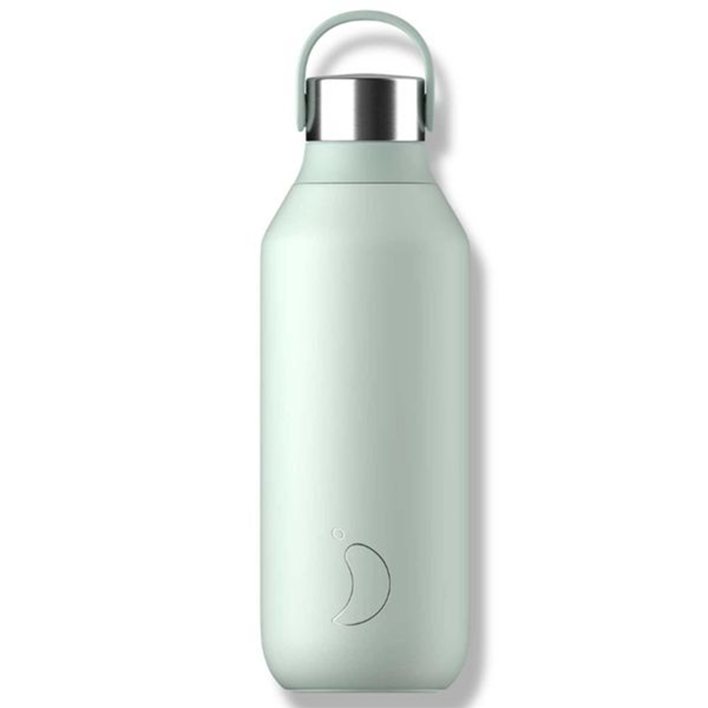 a pale green water bottle with a silicone strap and stainless steel cap