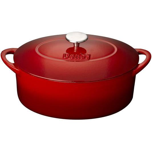 an oval shaped red casserole dish with a matching lid