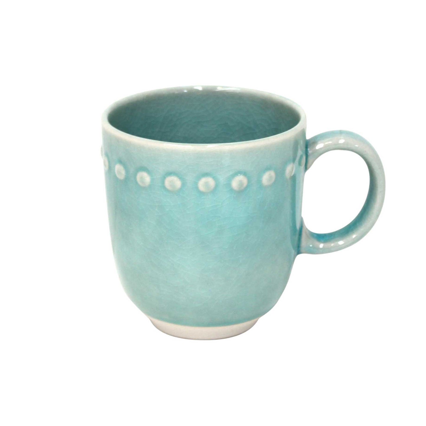 a cracked turquoise mug with embossed spots around the rim