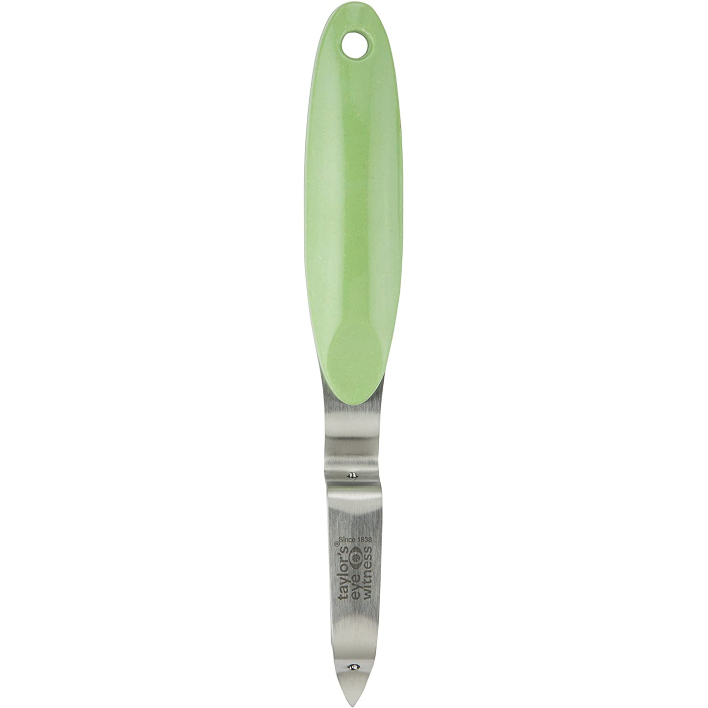 a stainless steel peeler with a green bamboo handle