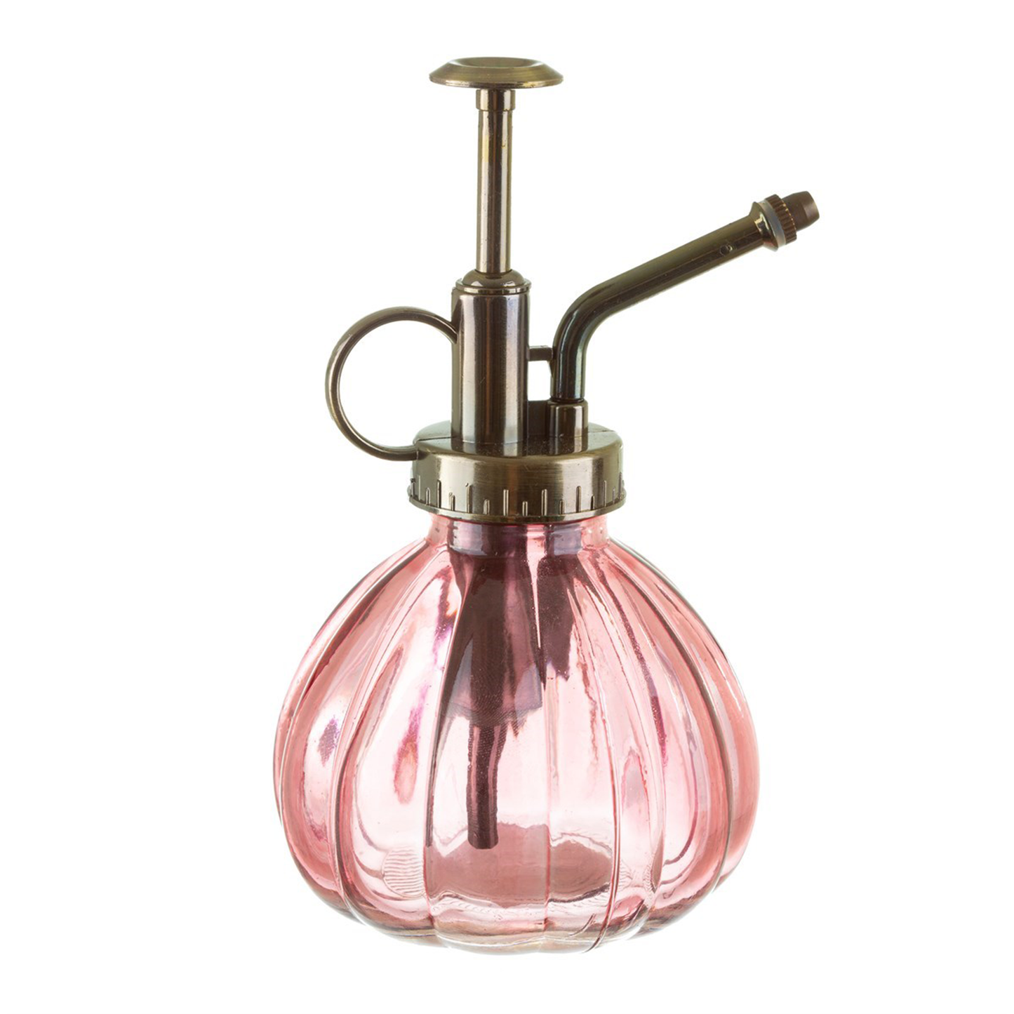 a pink glass mister with bronze hardware