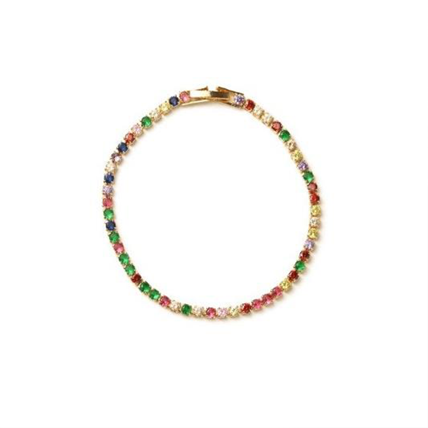 a gold bracelet with multicoloured gems across the length of it